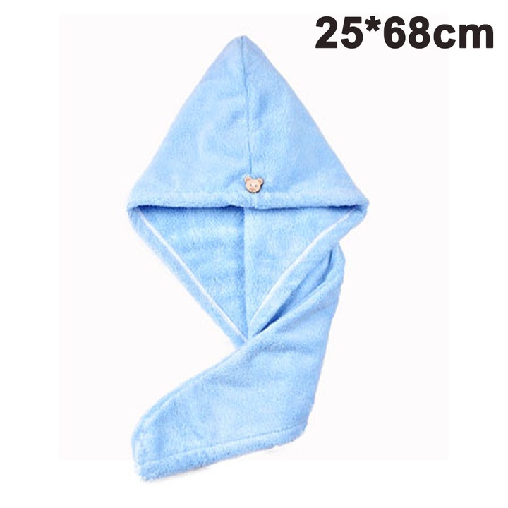 Prosop turban pentru par ZYBLSSBB din microfibra superabsorbant, cu nasture, albastru deschis, 25 x 68 cm