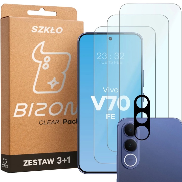 Set protectie 4in1 Bizon Glass Clear Pack, 3 folii sticla ecran + 1 folie sticla camera foto, compatibil cu Vivo V70 FE 5G, Transparent