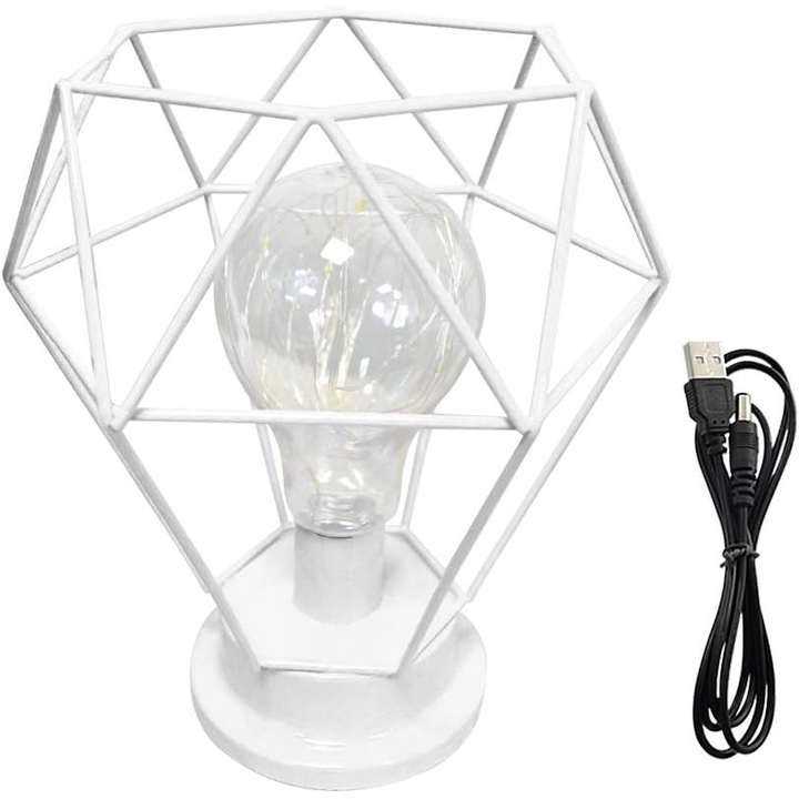 Lampa de masa ZYBLSSBB LSM2XH22283-WL-00324-2, design diamant din sarma metalica, LED, alimentare USB sau baterii, alb