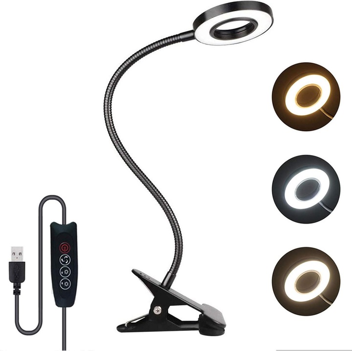 Lampa cu clema USB ZYBLSSBB LSM2XH22999-YQ-0554, LED 48, brat flexibil 35 cm, 3 temperaturi de culoare, 10 niveluri de luminozitate, dimabila, negru