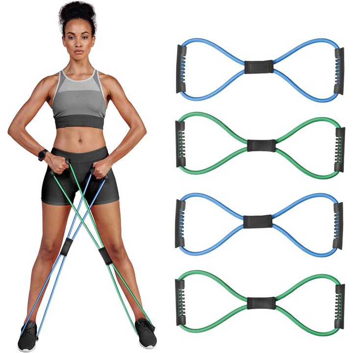 Banda de rezistenta tip 8 ZYBLSSBB LSM2XH26659-CZYD-ST165, set 4 buc., manere moi, niveluri rezistenta 25/30 lb, albastru/verde