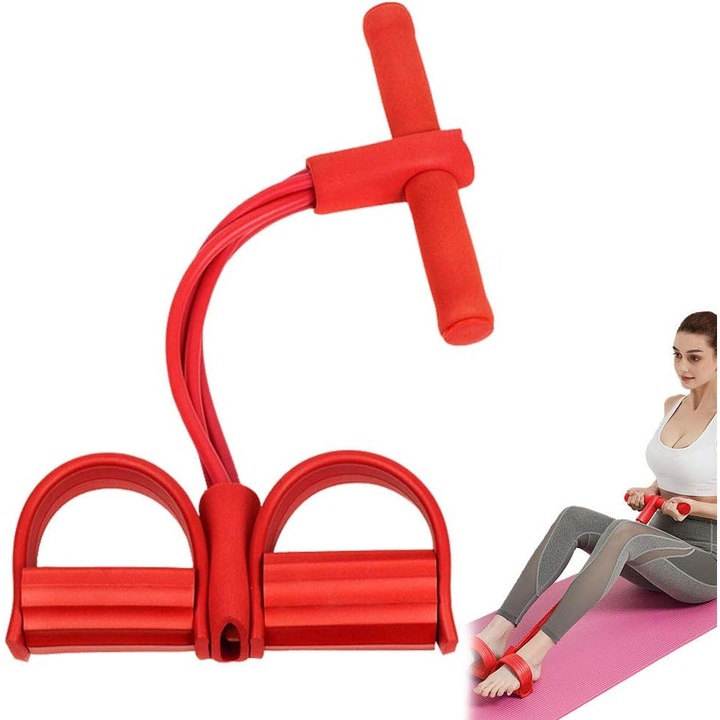 Banda de rezistenta cu pedale ZYBLSSBB LSM2XH26973-MZQ-0608-3, latex 4 tuburi, manere cu spuma antialunecare, multifunctionala pentru picioare si brate, rosu, 1 buc