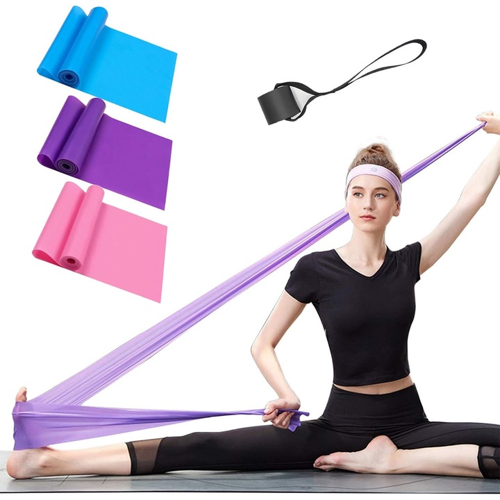 Benzi de rezistenta ZYBLSSBB, set 3 benzi din latex elastic cu ancora pentru usa, albastru/mov/roz