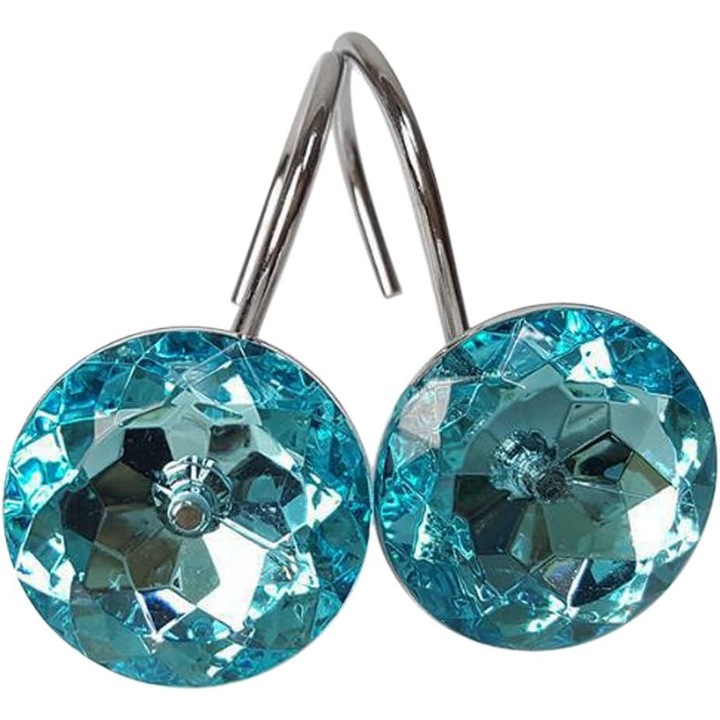 Carlige pentru perdea de dus ZYBLSSBB LSM2XH19133-DCF296-2, inox cu cristale rhinestone, semi-inchise cu dublu carlig, turcoaz, set 12, diam. decor 1.3 cm