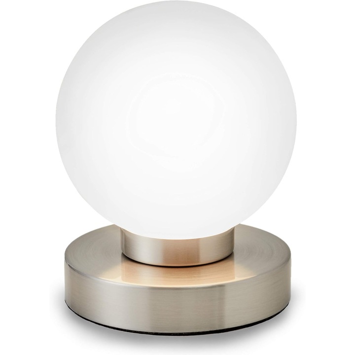 Lampa de noptiera ZYBLSSBB LSM2XH24463-GX-506, abajur rotund din sticla, baza metalica nichel mat, functie tactila dimabila 3 trepte, soclu E14, alb