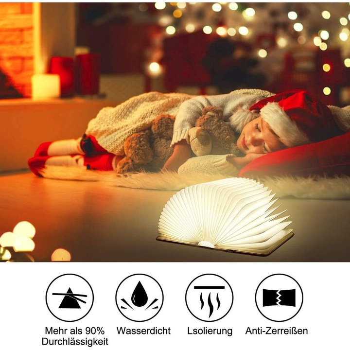 Lampa carte LED ZYBLSSBB LSM2XH24869-LL-1903, pliabila 360°, 8 moduri de culoare, incarcare USB, coperta lemn, alb