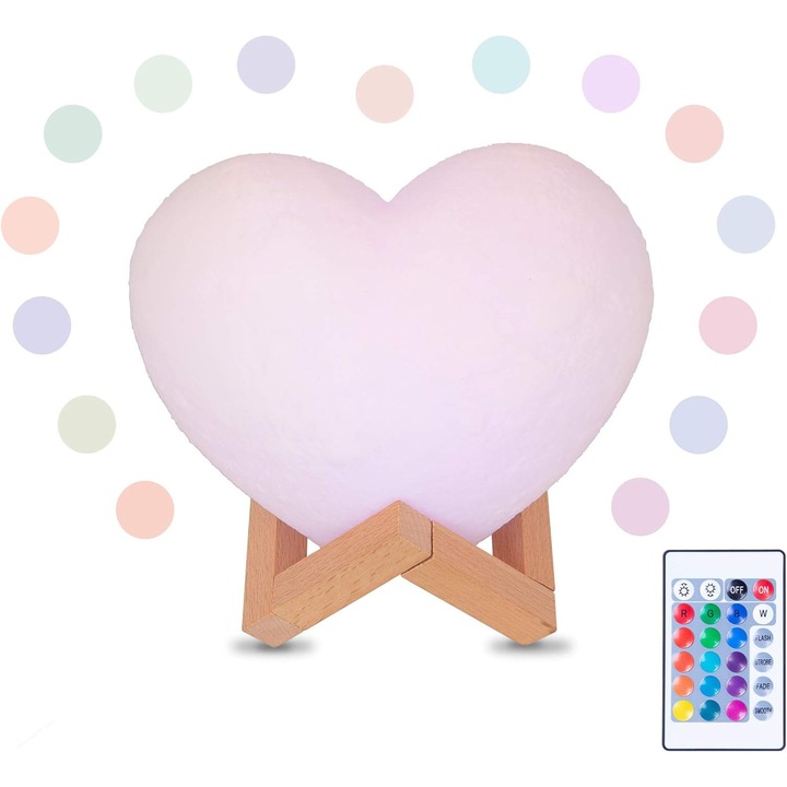 Lampa 3D luna in forma de inima ZYBLSSBB LSM2XH25116-QH-1104, PLA, 16 culori cu telecomanda, multicolor, O 15 cm