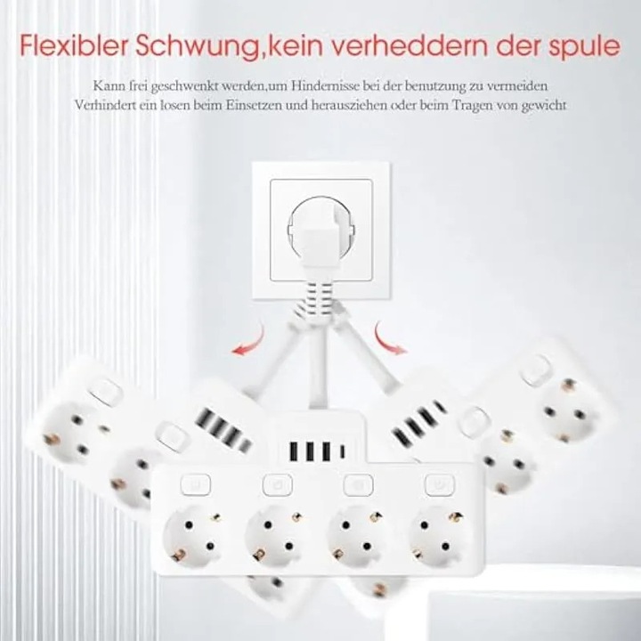 Adaptor de priza K0588-CJ-260903-2801, 3 in 1 cu 3 prize rotative, 4 porturi USB, 250V/16A (max 3680W), protectie la supracurent si obturatoare pentru copii, alb, 136x49x59 mm