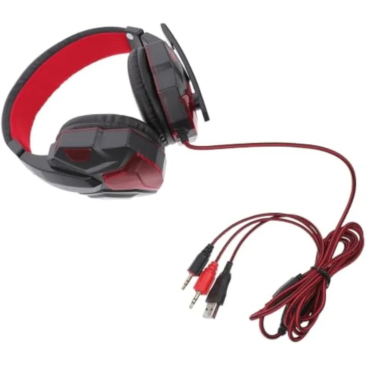 Геймърски слушалки с кабел K0582-CJ-260903-4288, over-ear, микрофон с шумопотискане, LED, 40 мм неодимови говорители, USB + 2 x 3.5 мм жак конектори, черно/червено