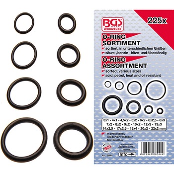 Set 225 O-ringuri 3-22mm, BGS, cauciuc acrilic (NBR), BG-8044 Set 225 O-ringuri 3-22mm, BGS, cauciuc acrilic (NBR), BG-8044