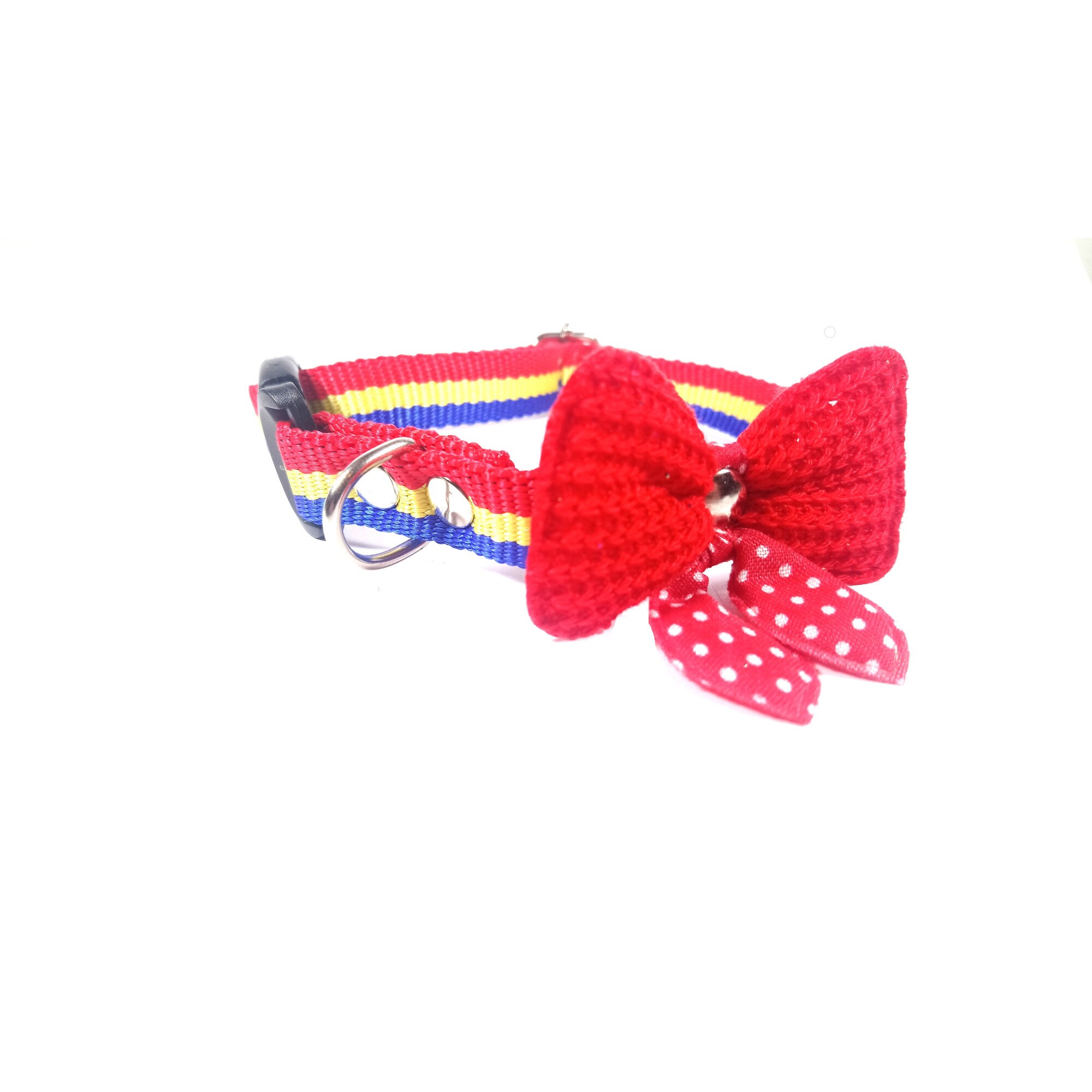 Zgarda reglabila din chinga tricolor cu fundita tricotata 15 mm x 37 cm