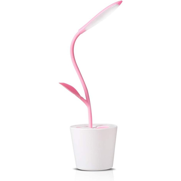 Lampa de birou cu LED ZYBLSSBB LSM2XH19512-GX-096, flexibila, reglabila touch 3 niveluri, baterie reincarcabila 1200 mAh, suport pentru pix, roz/alb