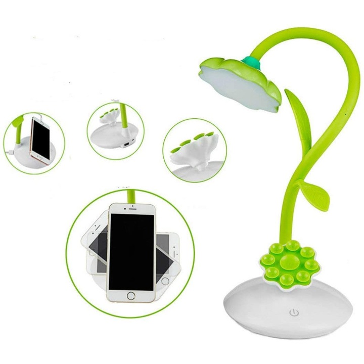 Lampa de birou LED ZYBLSSBB LSM2XH24883-LL-2242, dimabila cu senzor tactil, USB reincarcabila, brat flexibil 360°, suport telefon si port pix, verde/alb