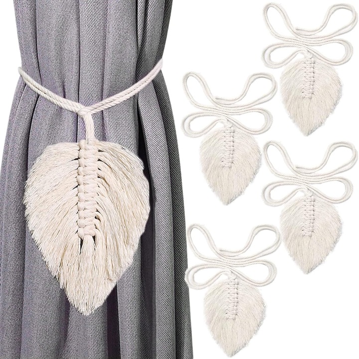 Suport pentru draperii macrame ZYBLSSBB, set 4 frunze decorative din bumbac si poliester, snur 116 cm, bej