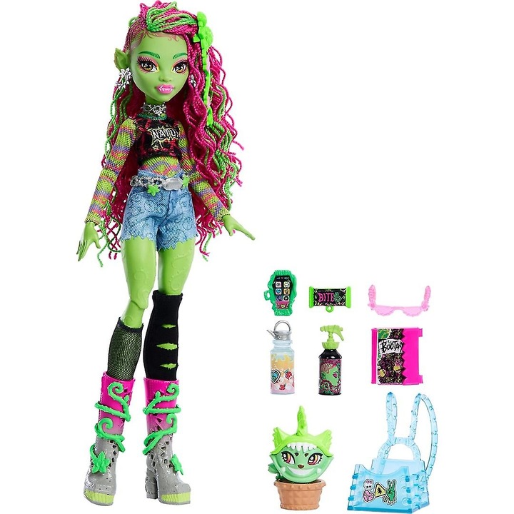Papusa Monster High Venus McFlytrap, cu accesorii si animal de companie Chewlian, verde