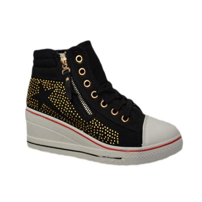 Ghete casual cu cristale si fermuar auriu, D&J Exclusive,, Negru