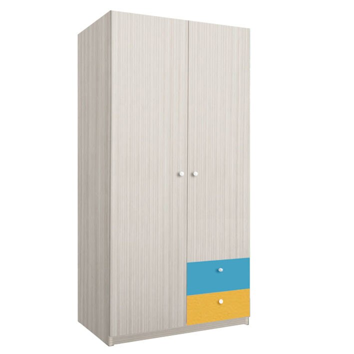 Dulap Alegria 2S, Stejar Ferrara/Albastru/Galben, 200x100x50 cm