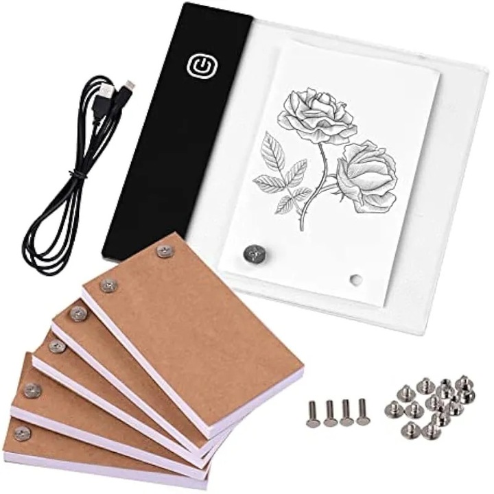 LED светлинна дъска за рисуване и комплект флипбук K0582-CJ-260903-360, USB захранване, тъч контрол с плавно регулиране на яркостта, LED без трептене, 5 флипбука (300 листа) + свързващи винтове, черен/прозрачен