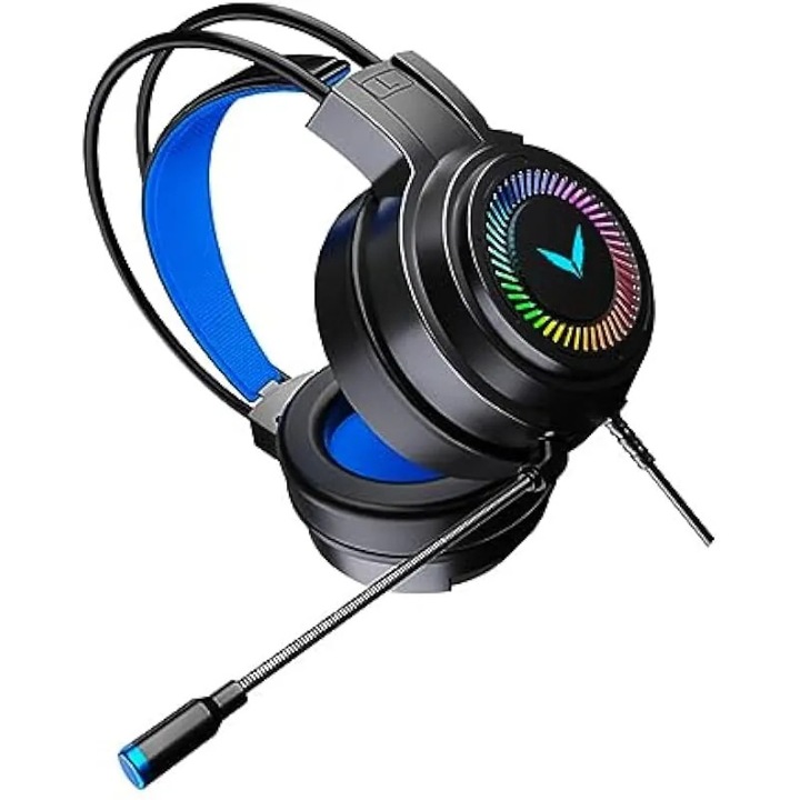 Геймърски слушалки K0582-CJ-260903-4358, 50 мм говорители, микрофон с шумопотискане, RGB LED осветление, 3.5 мм жак, черно/синьо