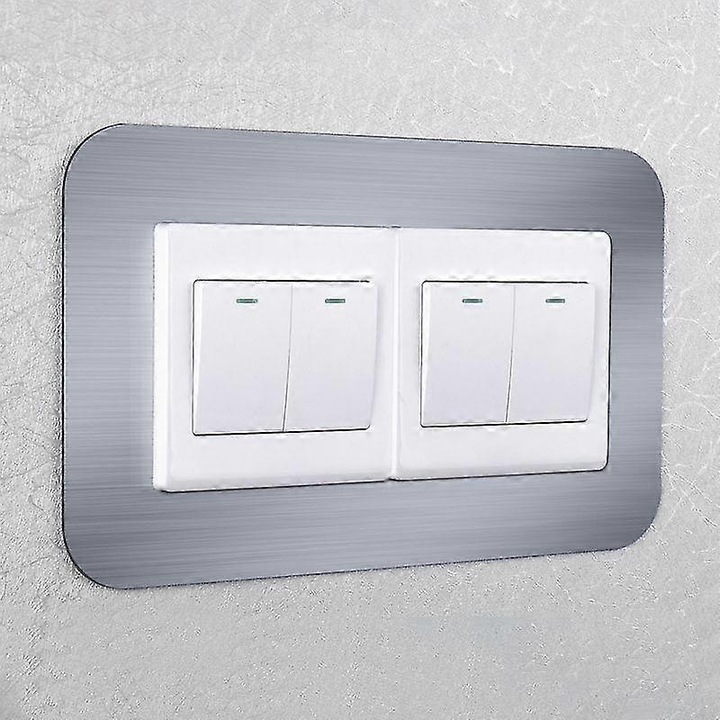 Rama decorativa pentru intrerupator dublu, acrilic, aspect metalic periat, argintiu, 8.6 x 17.3 cm, set 2 buc.