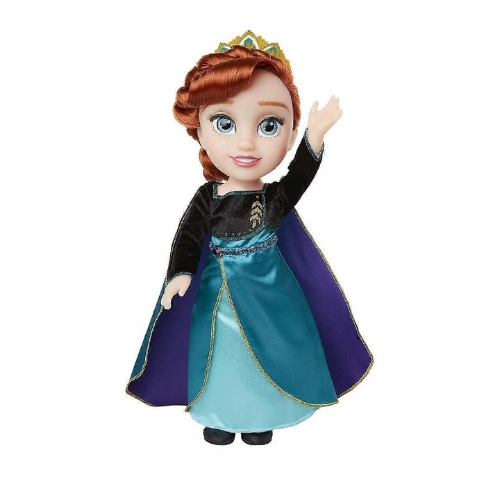 Papusa Frozen 2 Anna, rochie turcoaz cu pelerina mov si tiara, multicolor, 38 cm