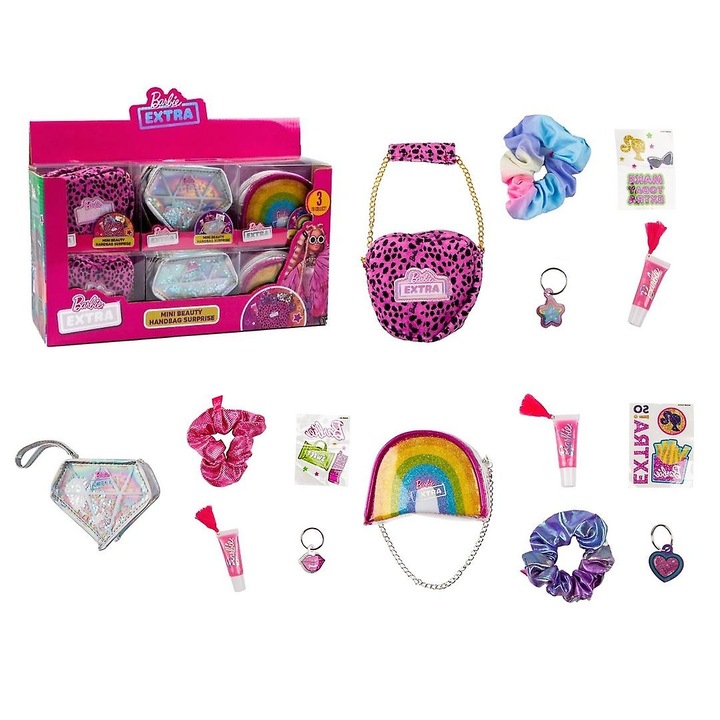 Barbie, Set mini genti de jucarie Barbie Extra cu accesorii de infrumusetare – 3 bucati, multicolor
