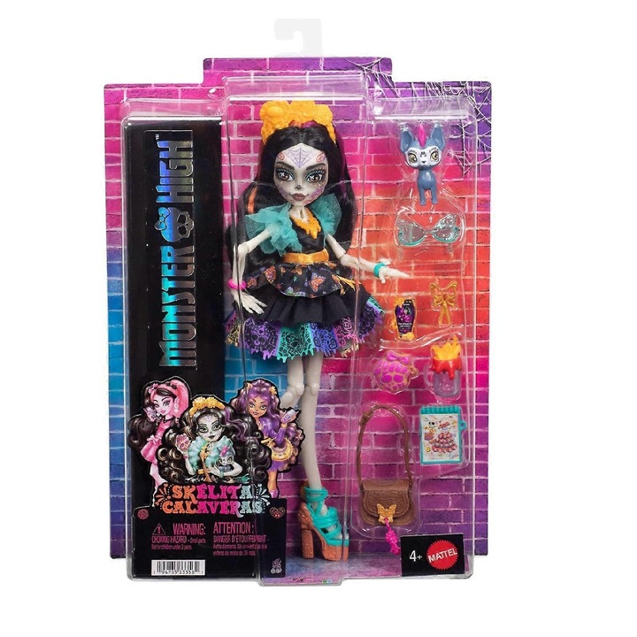Papusa Skelita Calaveras cu accesorii (animalut, geanta, ochelari), multicolor