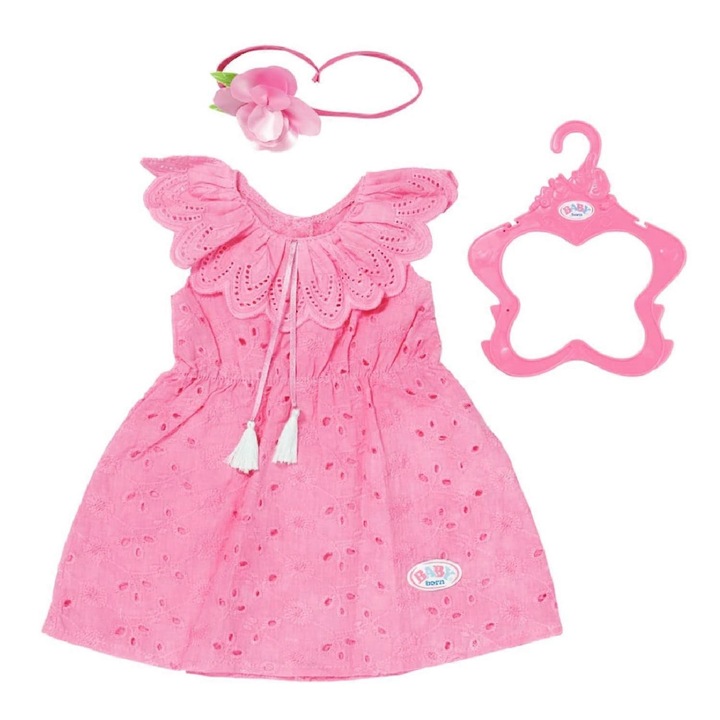 Rochie pentru papusi 43 cm din bumbac cu imprimeu floral, bentita si umeras inclus, roz