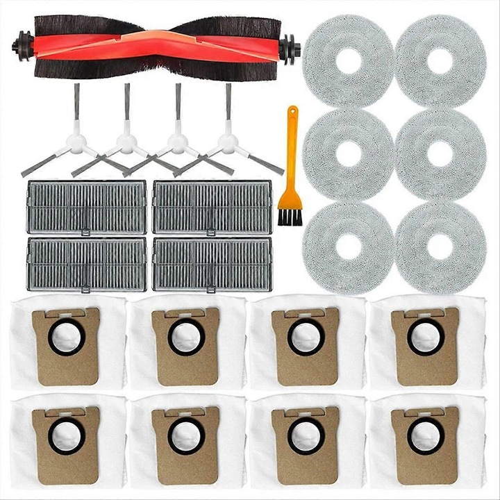 Set piese de schimb pentru robot aspirator M30S D103CN kp-k0548-260904-7509, perie centrala, 4 perii laterale, 4 filtre HEPA, 8 saci, 6 lavete mop, perie curatare, Multicolor
