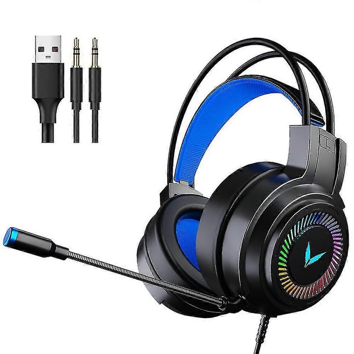 Геймърски слушалки KP-K0548-260904-5196, 50мм неодимови, USB + жак 3,5мм, микрофон с шумопотискане, LED RGB, черно/синьо