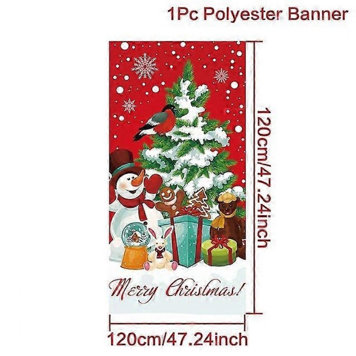 Poliészter karácsonyi banner hóemberrel, karácsonyfával és ajándékokkal, többszínű, 120 x 120 cm