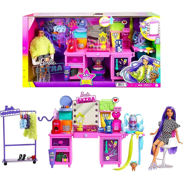 Set de joaca Barbie Extra cu vanity si papusa exclusiva, 45+ piese, multicolor