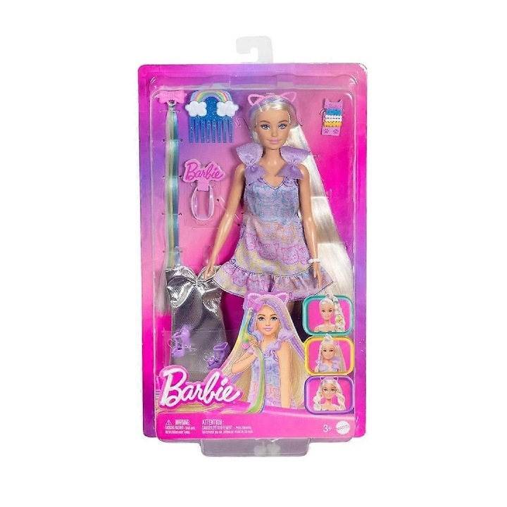 Papusa Barbie Fun & Fancy Hair kp-k0548-260904-13705, par extra-lung 8,5 inchi blond cu reflexe colorate, rochie colorata si rochie argintie, accesorii de coafat, Multicolor, 1 buc