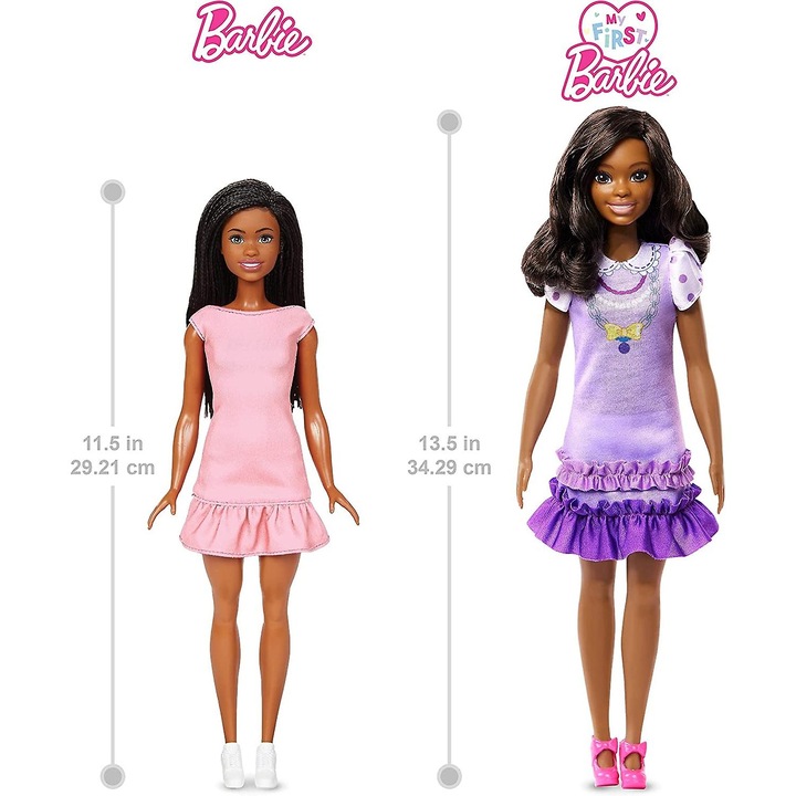 Papusa My First Barbie Brooklyn, 34 cm, rochie liliac, par negru ondulat