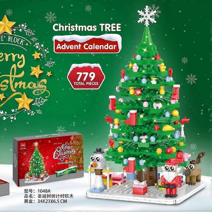 Calendar de Advent brad de Craciun FU-K0276-20260904-1567, set constructibil cu 24 de cutii numerotate si lumina LED, multicolor, pentru 8+ ani