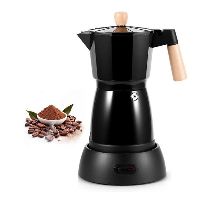 Cafetiera electrica moka kp-k0548-260904-8704, aluminiu, 6 cani (300 ml), negru, maner din lemn, 220V, valva de siguranta si protectie la supraincalzire