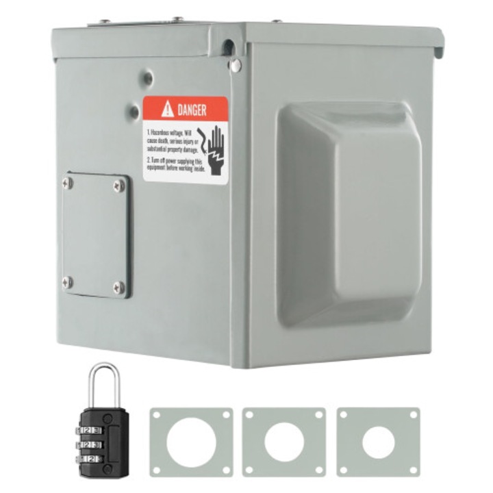 Priza NEMA 14-50R pentru RV, OB-k0509--260904-1041, 125/250V 50A, cutie montaj exterior rezistenta la intemperii NEMA 3R, fir impamantare 15 cm, lacat cu cod, gri