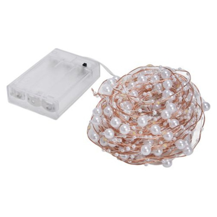 LED füzér gyöngyökkel CON.4-38ManoCJ-K0232-260904-036, rézhuzal, elemes tápellátás, réz/fehér, 10 m