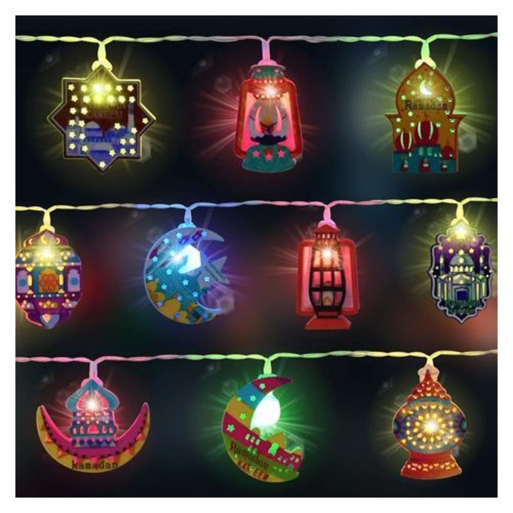 Ghirlanda luminoasa LED Ramadan CON.4-38ManoCJ-K0232-260904-547, 3 m, 20 LED, USB tápellátás, csillag/félhold/lámpás formák, többszínű