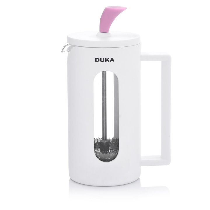 French press DUKA KNOBB DK_2220744, recipient din sticla cu carcasa din plastic, sita din otel inoxidabil, alb/roz, 350 ml