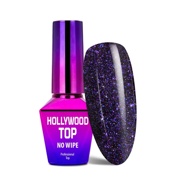 Top no wipe MollyLac Hollywood Zodiac cu particule glitter, violet/bleumarin, 10 g