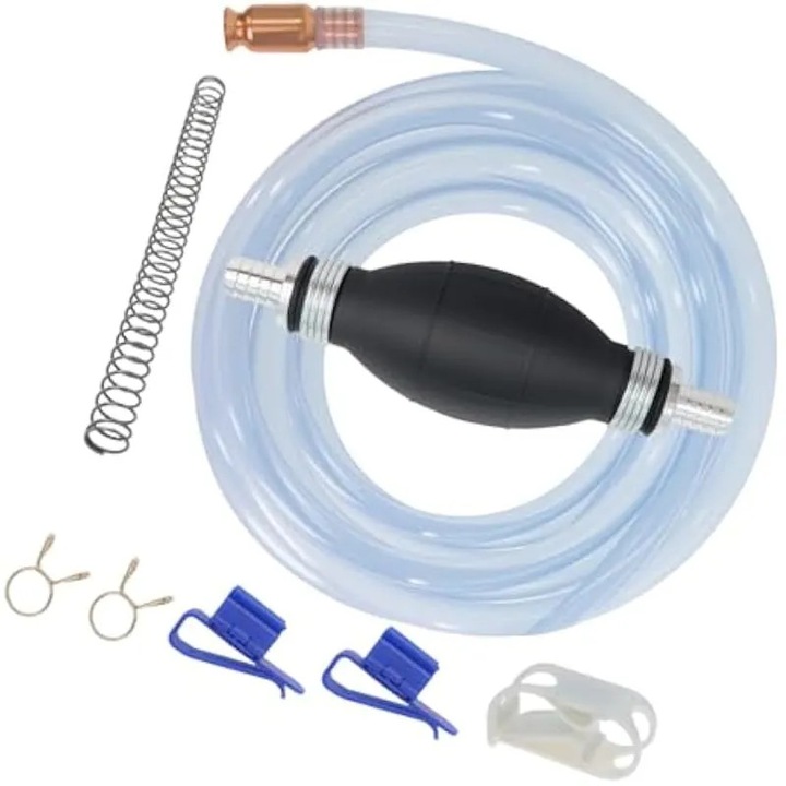 Pompa sifon manuala K0579-CJ-260904-2948, furtun PVC 5/8 in, duza din alama, balon pompa manuala si cleme de fixare, negru/transparent
