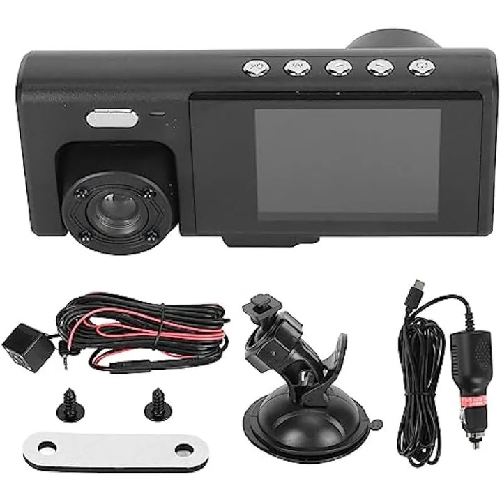 Camera de bord avansata cu inregistrare HD cu 3 lentile, ecran LCD de 2 inch, unghi de vizualizare de 170° si senzor IR nocturn pentru monitorizare completa fata si spate