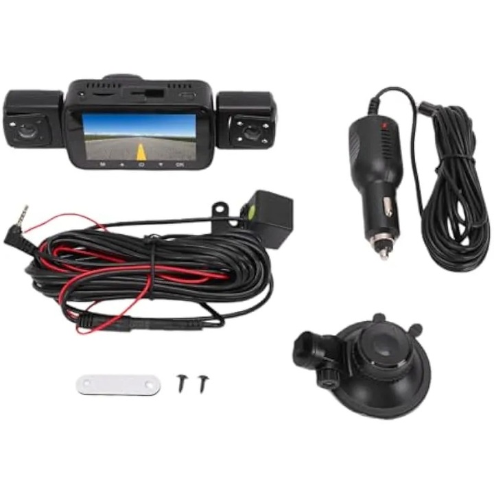 Camera auto cu 4 canale, fata si spate, cabina interioara, camera video 1080P HD cu 4 lentile, ecran de 3 inci, recorder auto quad cu inregistrare in bucla si vedere nocturna