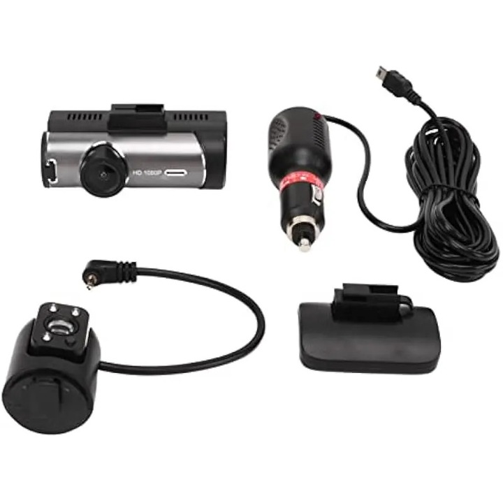Inregistrator video auto HD de 3, 16 inch cu obiectiv rotativ la 360 de grade si camera de bord fata si spate cu detectare a miscarii si monitorizare pentru mersul inapoi