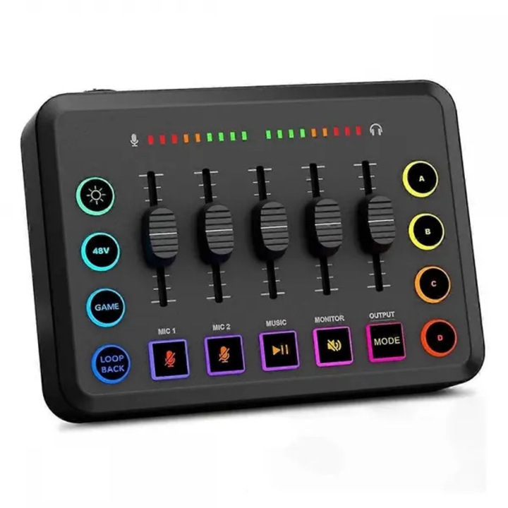Mixer audio pentru streaming 31CJ-K0274-260904-920, 5 canale, fader de volum, intrare XLR cu phantom 48V, XLR/3.5mm, butoane efecte si voice changer, RGB, negru