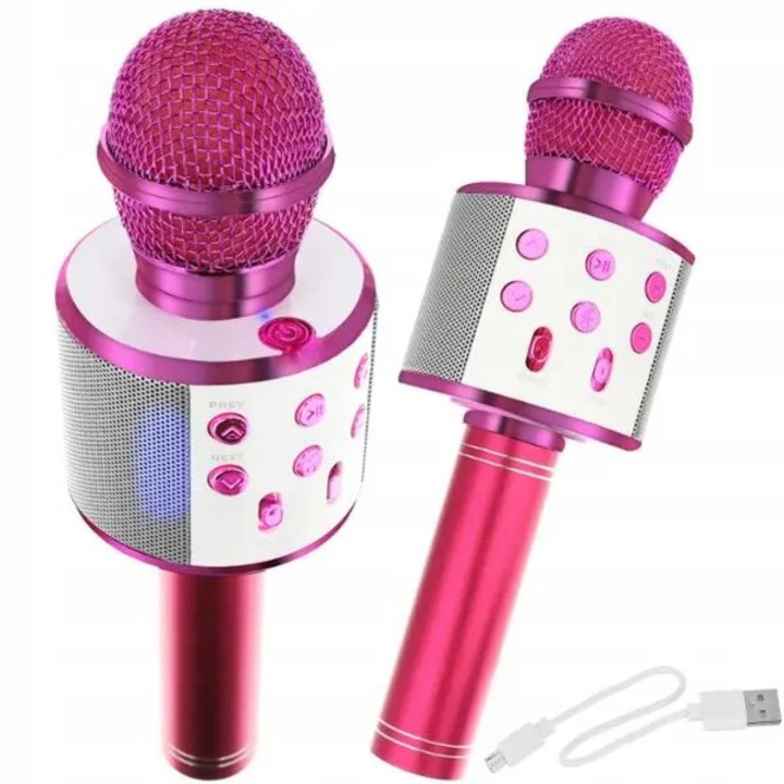 Microfon karaoke cu difuzor 31CJ-K0274-260904-2886, wireless Bluetooth 4.1, difuzoare 5W x2, baterie 1800 mAh, 4 moduri voce, radio FM, reincarcabil, USB, compatibil Android/iOS, roz, 24x7 cm