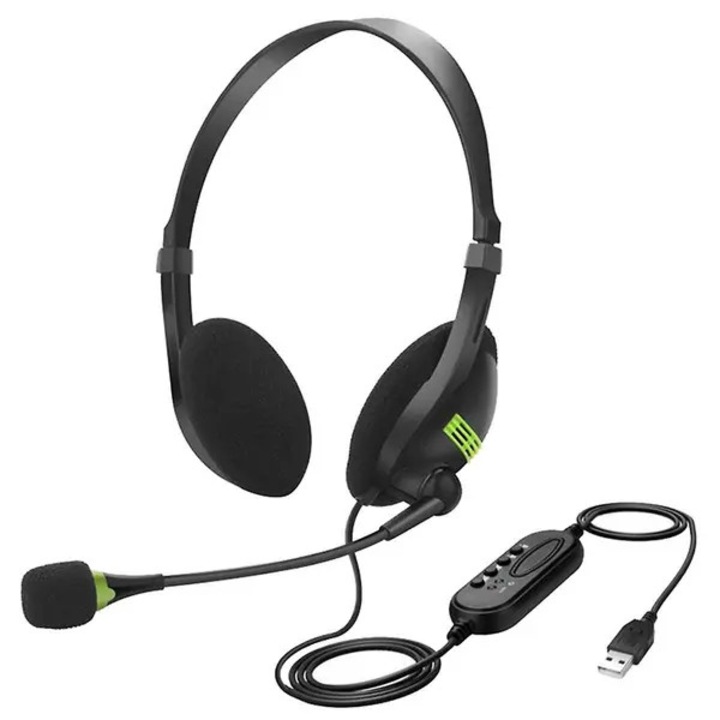 Casti cu fir USB 31CJ-K0274-260904-3093, microfon cu anulare a zgomotului si brat flexibil, controale volum/mute pe cablu, plug-and-play, impedanta 32 Ω, 20–20 kHz, cablu 1.5–2 m, negru/verde