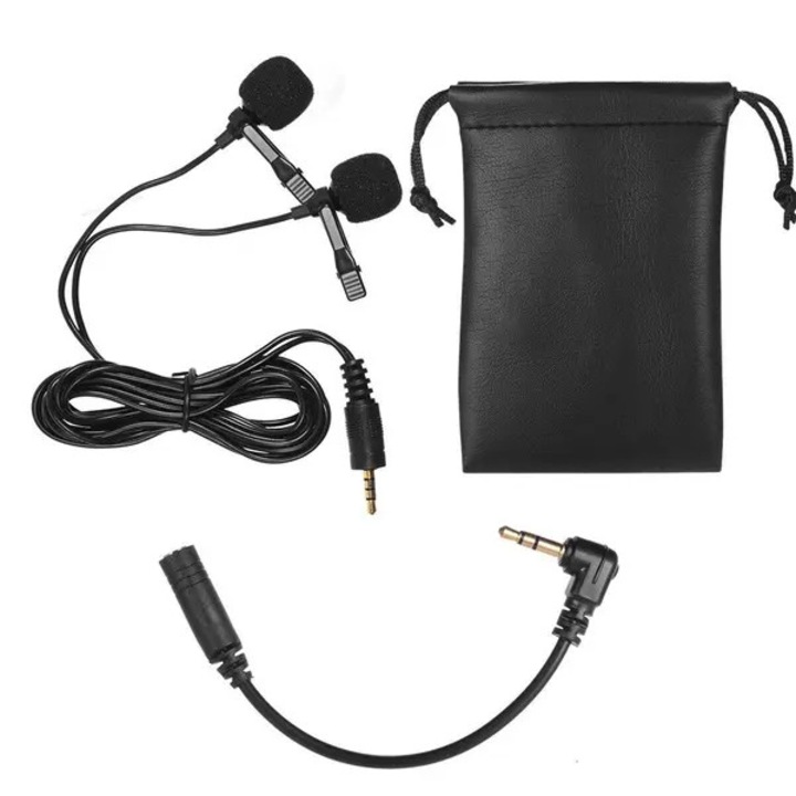 Microfon lavalier dublu 31CJ-K0274-260904-3980, omnidirectional, cu clema clip-on, jack 3.5mm, cablu 1,5 m, adaptor si husa, negru