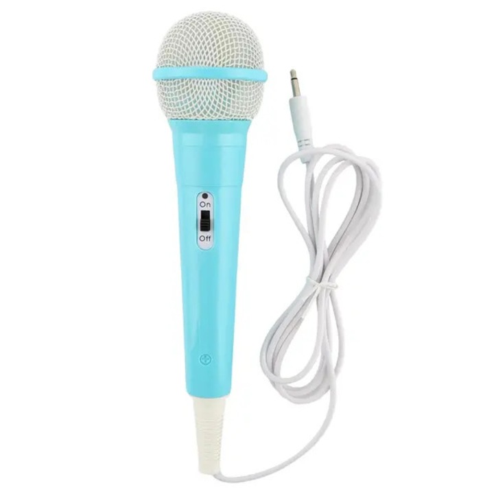 Microfon cu fir 31CJ-K0274-260904-1598, pentru masini de cantat copii, jack 3.5mm, fara baterii, plug-and-play, cablu 130 cm, albastru deschis, 23 x 6 cm